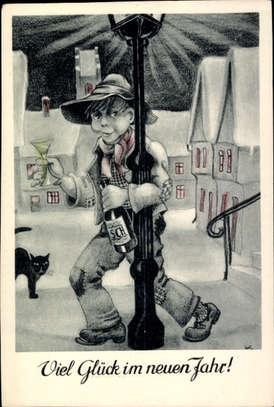 Postcard Happy New Year, drunk man, black cat