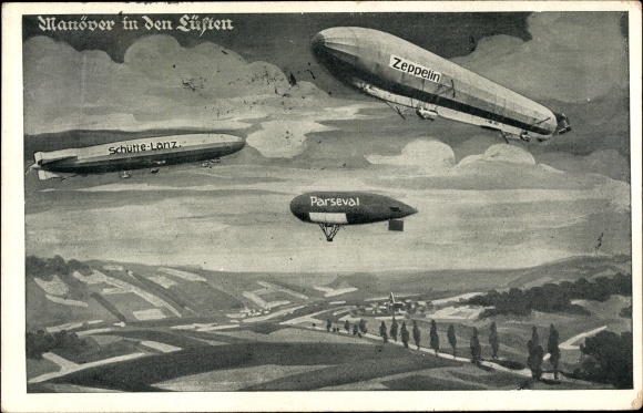 Ak Manöver in den Lüften, Schütte Lanz, Zeppelin, Parseval, Deutscher Luftflotten Verein