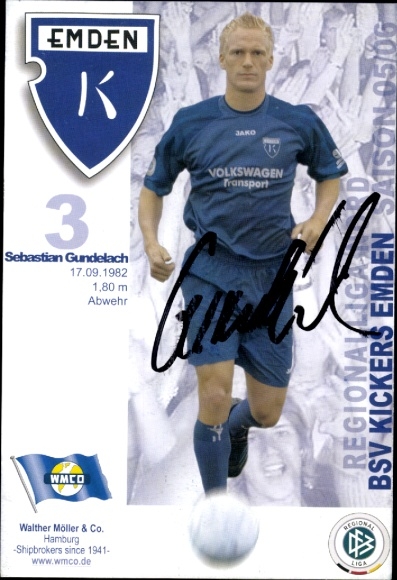 Autogrammkarte Fußballer Sebastian Gundelach, BSV Kickers Emden, Autogramm