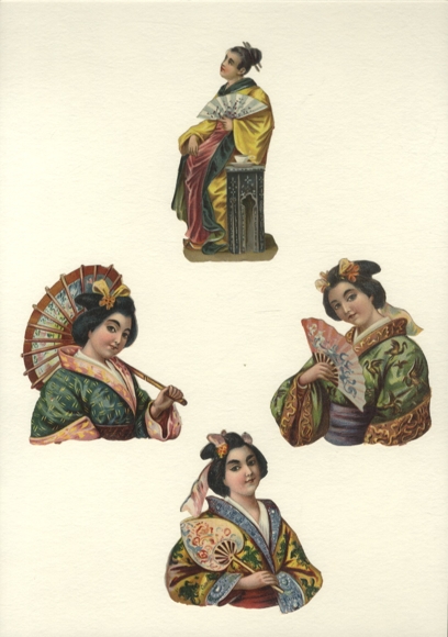 4 wafers Japanese women with umbrella and fan, size approx. 10 x 4.5 cm and 8.5 x 7 cm