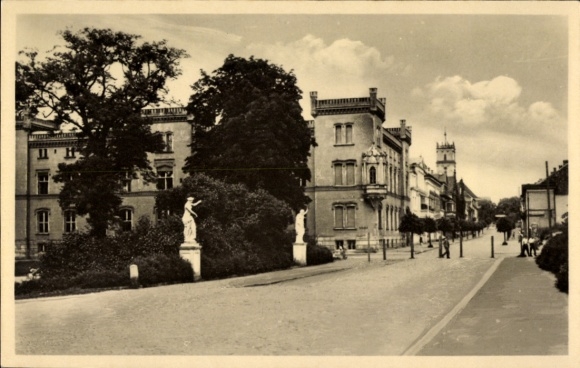KP Strelitz Alt Neustrelitz w Meklemburgii, ulica z drzewami, budynkami, posągami, architekturą
