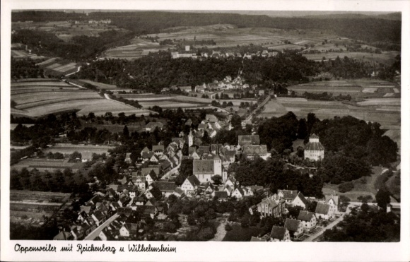 Postcard Oppenweiler in Württemberg, aerial photograph, Reichenberg, Wilhelmsheim