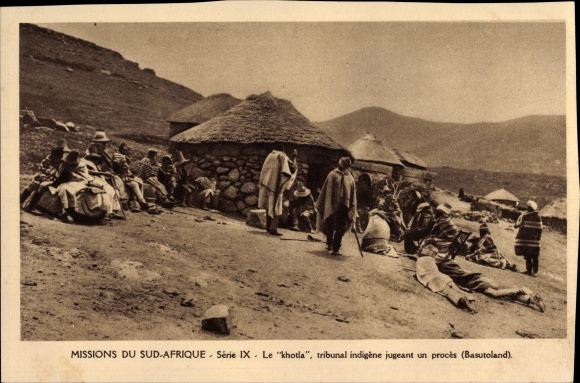 Postcard Missions du South Africa, Missionaries o. de Marie immaculee, Basutoland, Khotla, tribunal, proces
