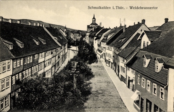 Postcard Schmalkalden in the Thuringian Forest, town view, Weidebrunnertor, half-timbered houses, church
