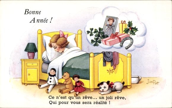Artist Postcard Patt, Jim, Happy New Year, Sleeping Girl, Dolls, Teddy, Horseshoe