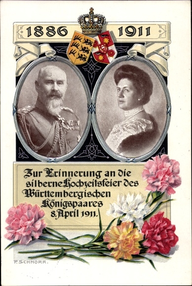 PC King Wilhelm II of Württemberg, Marie zu Waldeck and Pyrmont, silver wedding 1911, coat of arms