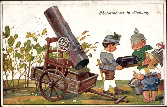 Artist Postcard Motor Mortar in Position, Children