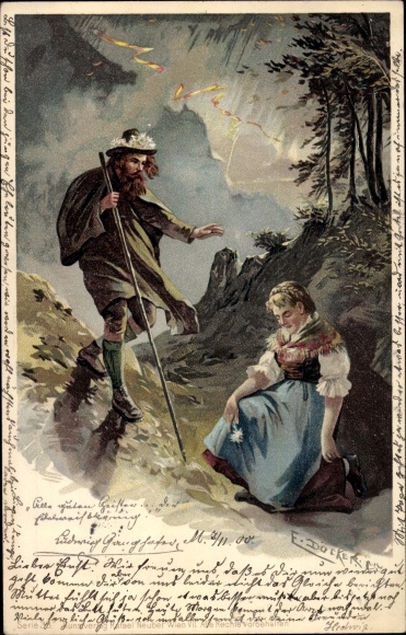 Artist Chromo-Litho Döcker, E, hiker, farmer's wife, Ludwig Ganghofer