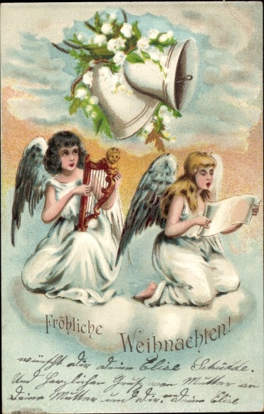 Chromo-Litho congratulations Christmas, singing angels, bells, harp