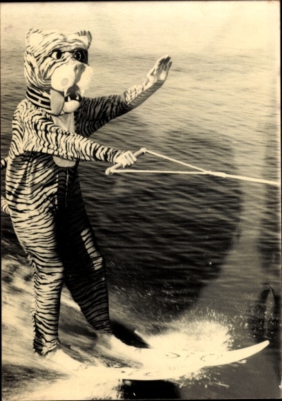 Photo Postcard Man in a tiger costume goes water skiing, water sports