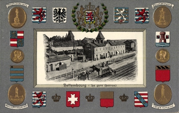 Embossed coat of arms passepartout Postcard Bettemburg Bettemburg Luxembourg, Gare, Perron