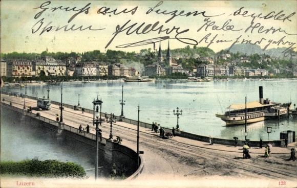 Postcard Lucerne city Switzerland, bridge, steamer