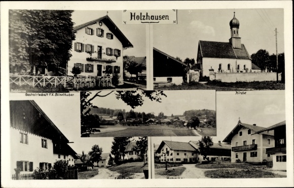 Postcard Holzhausen on Lake Starnberg Münsing in Upper Bavaria, church, inn
