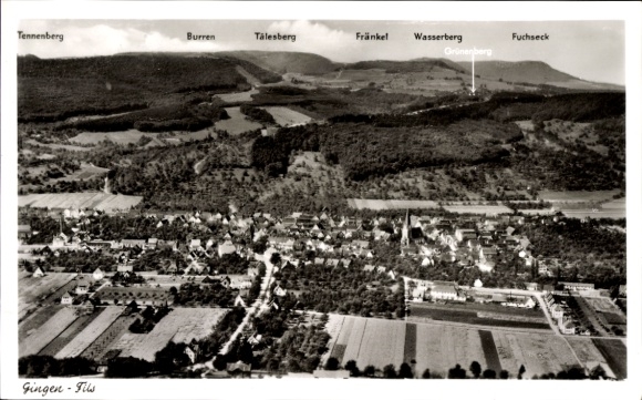Postcard Gingen an der Fils, aerial photograph, Tennenberg, Burren, Tälesberg, Wasserberg, Fränkel, Fuchseck