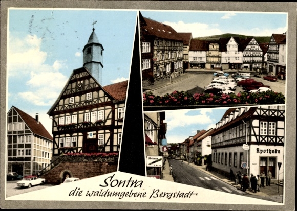 Postcard Sontra in Werra Meißner Kreis, street section, half-timbered houses, market square, pharmacy