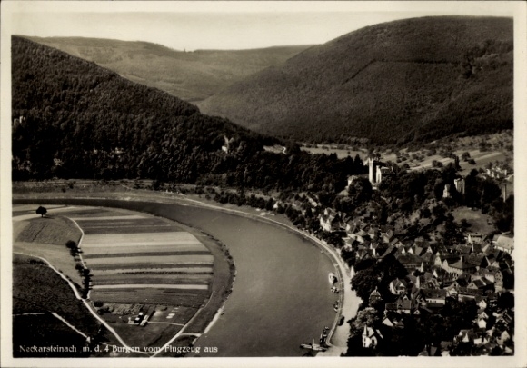 Ak Neckarsteinach in Hessen, Luftaufnahme der Stadt, Neckarfluss, 4 Burgen