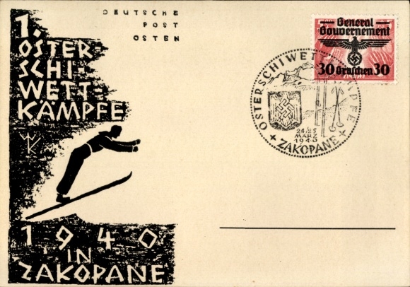 Artist Postcard Zakopane Poland, 1st Easter Ski Competitions 1940