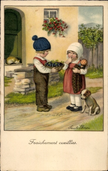 Artysta KP Ebner, Pauli, dzieci, owoce, pies, śpiący kot