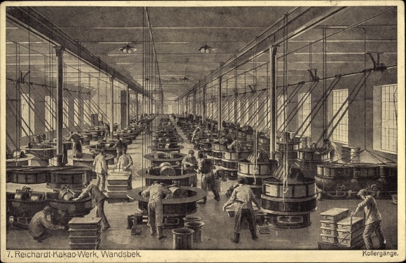 PC Hamburg Wandsbek, Reichardt cocoa factory, interior view, pan mills, workers, machines