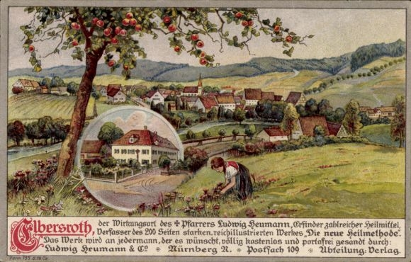Chromo-Litho Elbersroth Herrieden in Middle Franconia, view of the town, girl picking flowers
