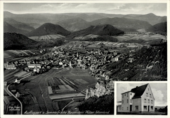 Postcard Hauenstein in der Pfalz, aerial photograph, Gasthaus zum Felsentor, Palatinate Rock Country