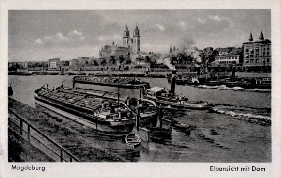 Postcard Magdeburg on the Elbe, cathedral, steamer