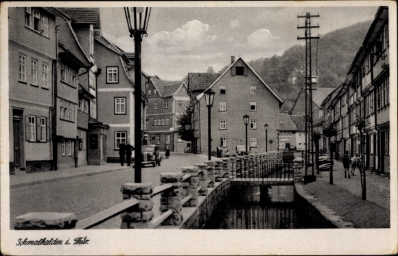 Postcard Schmalkalden in the Thuringian Forest, part of the street with a watercourse