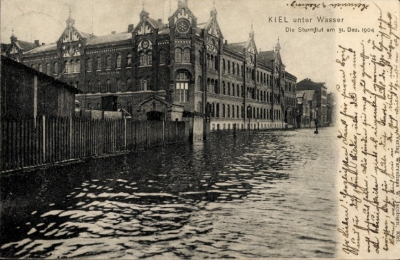 Postcard Kiel, storm surge 31 December 1904, flood