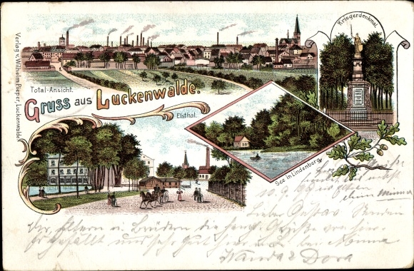 Chromo-Litho Luckenwalde Teltow Fläming, lake in Lindenberg, war memorial, Elstal