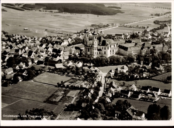 Postcard Ottobeuren in Upper Swabia Allgäu, aerial view of the castle in the middle, rural surroundings