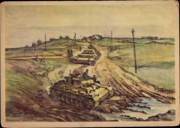 Artist PC Hensel, German Wehrmacht, approaching tanks