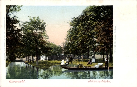 Litho Lübbenau im Spreewald, Gartenlokal Pohlenzschänke, Inh. F. Pohlenz, Spreewälderinnen, Kahn