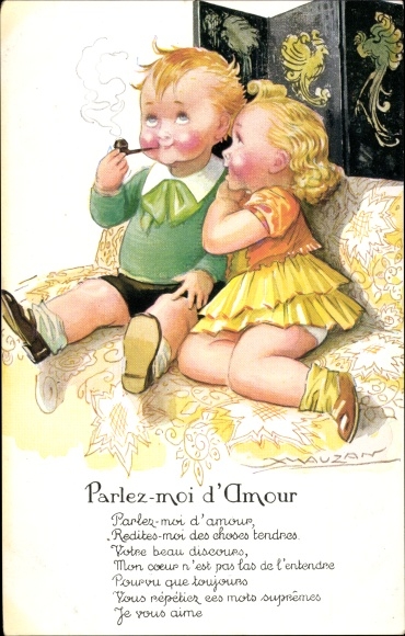 Kunstenaar Ak Mauzan, Parlez moi d'Amour, jongen rookt een pijp, meisje