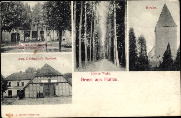 Postcard Hatten in Oldenburg, inn, church, department store, post office, Hatter forest