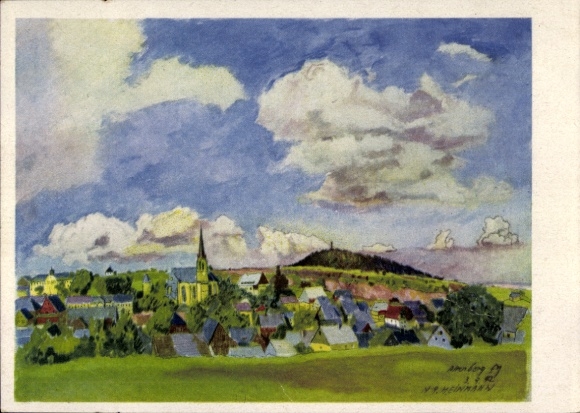 Künstler Ak Heinmann, Altenberg Erzgebirge, 500 Jahre Zinnstadt, Totale, Kirche, Ort