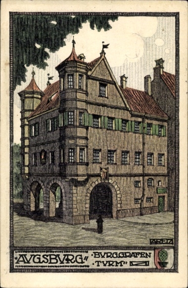 Postwaardestuk kunstenaar ansichtkaart Aretz, Augsburg in Zwaben, Burggrafen Turm, 31e Federale Fietsersfestival 1914