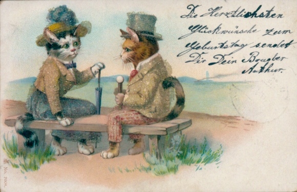 Perl Chromo-Litho Humanized pair of cats on a bench