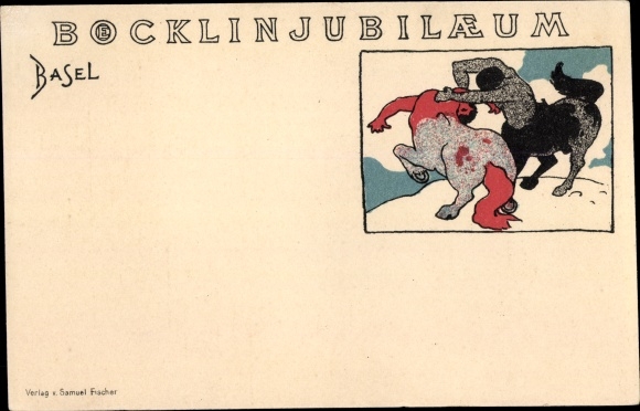 Chromo-Litho Bâle Basel Stadt Switzerland, Böcklin anniversary, centaur fight