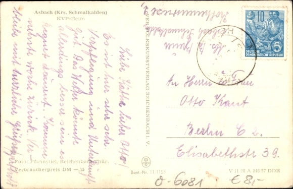 Postcard Asbach Schmalkalden in the Thuringian Forest, historical building, trees in the background, black and white