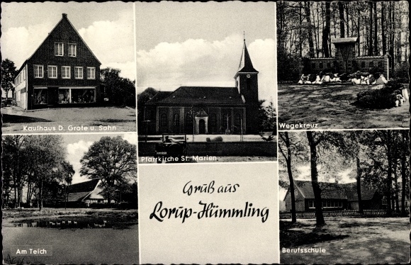 Postcard Hümmling Lorup in Emsland, department store D. Grote, on the pond, vocational school, wayside cross, parish church