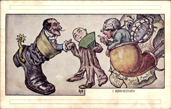 Kunstenaar Ak Tegner, Hans, I Bornestuen, In de kinderkamer, laarzen, handschoenen, pijp