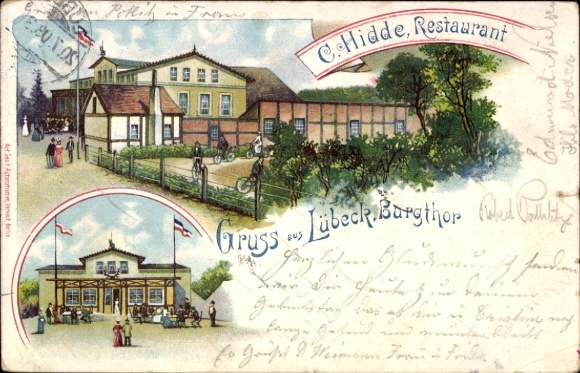 Chromo-Litho Hanseatic City of Lübeck, Burgthor, Restaurant C. Hidde