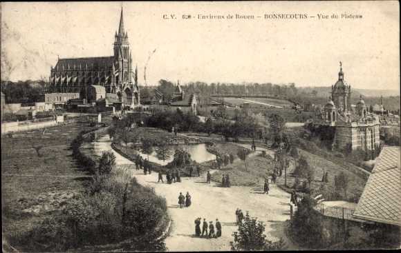 Ak Rouen Seine Maritime, Vorderansicht von  Kirche, Parklandschaft, Spaziergänger