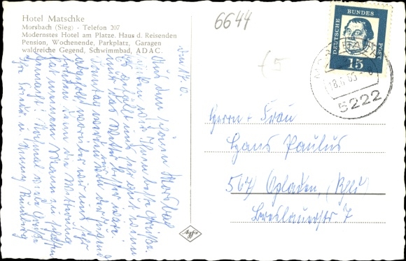 Postcard Morsbach in the Oberberg district, Hotel Matschke