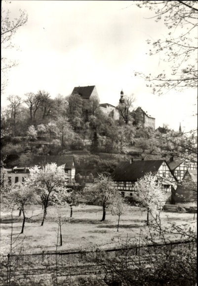 Ak Wildenfels in het Ertsgebergte, kasteel, vakwerkhuizen