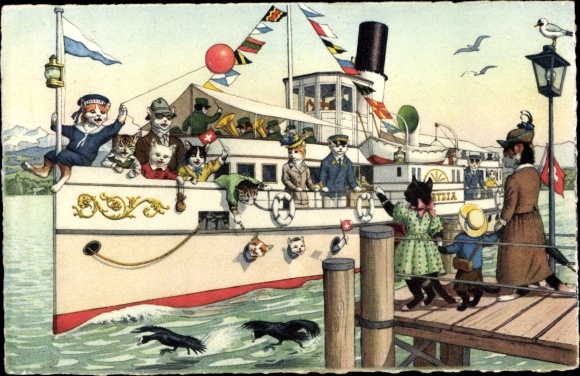 Postcard cats say goodbye to their families, cats on the way with a ship