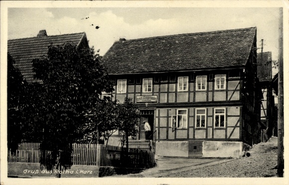 Postcard Rotha Sangerhausen am Südharz, a half-timbered house, trees, greetings from Rotha i. Harz