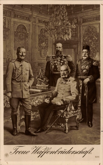Postcard Kaiser Wilhelm II, Kaiser Franz Joseph I, Ferdinand I of Bulgaria, Sultan Mehmed V