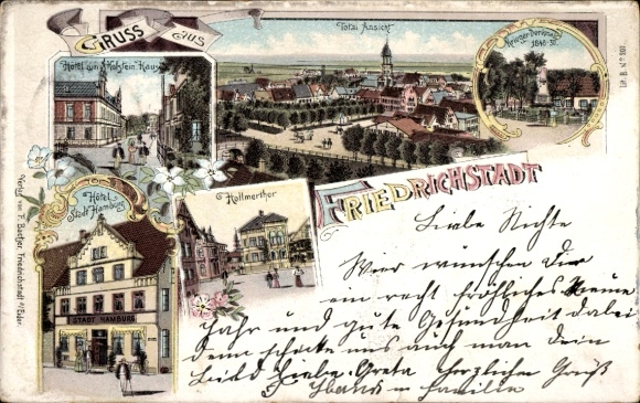 Chromo-Litho Friedrichstadt an der Eider, Hollmertor, Hotel zum Holsteinischen Hause and City of Hamburg