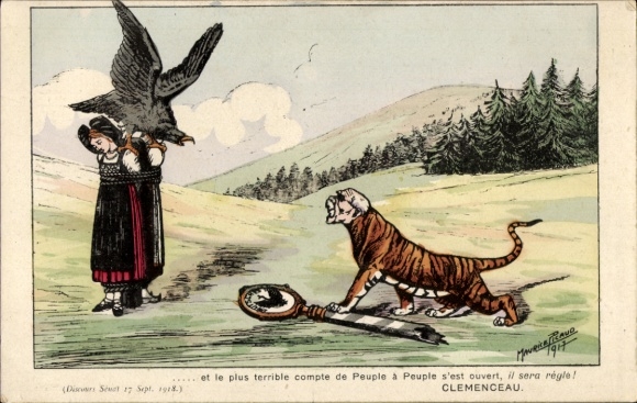 Künstler Ak Picaud, Maurice, Gefesselte Elsässerinnen, Bismarck als Tiger